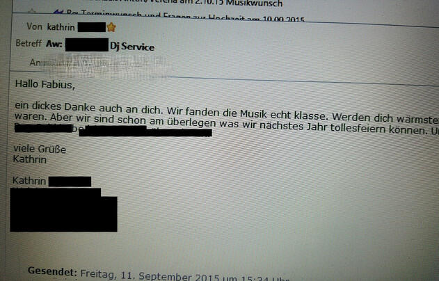 Eine kurze Email der Kunde bedankt sich beim Dj - Rezension