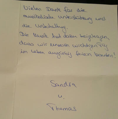 Ein kurzer Brief an den Dj - das Brautpaar bedankt sich