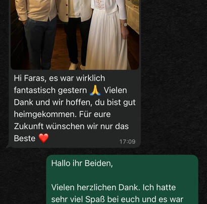 Ein Text über Whatsapp vom Hochzeitspaar an DJ Farris nach der Hochzeitsfeier